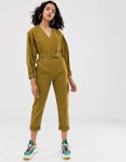 Asos White V-neck Belted Jumpsuit-green
