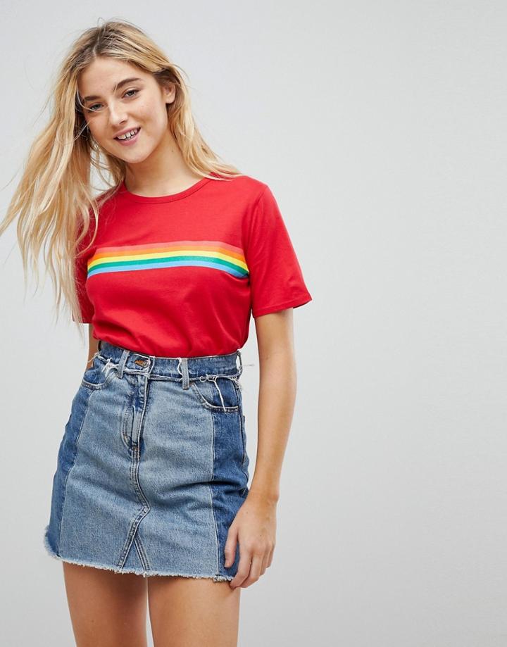 Daisy Street T-shirt With Rainbow Taping - Red