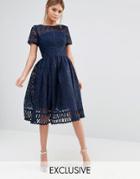 Chi Chi London Premium Lace Dress With Cutwork Detail And Cap Sleeve - Navy
