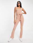 Miss Selfridge Scoop Neck Ribbed Tie Waist Jumpsuit In Taupe-neutral