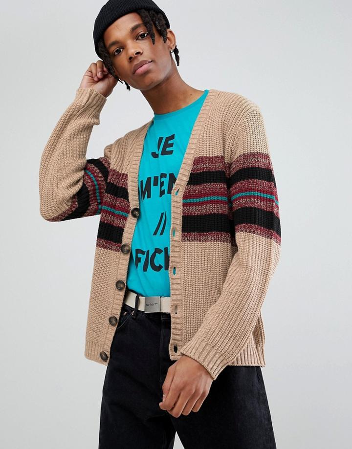 Asos Textured Cardigan With Vintage Stripe In Tan - Tan