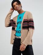 Asos Textured Cardigan With Vintage Stripe In Tan - Tan