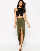 Asos Maxi Skirt With Ruched Side And Side Split - Khaki