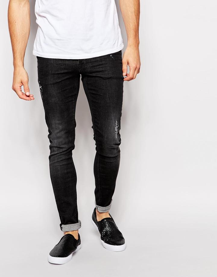 Asos Extreme Super Skinny Jeans With Abrasions - Washed Black