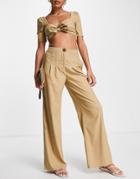Skylar Rose 2 Piece Wide Leg Pant And Bow Front Crop Top Set In Tan-brown