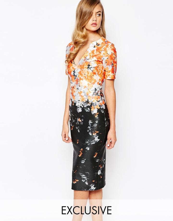 True Violet Ombre Floral Pencil Dress - Orange Print