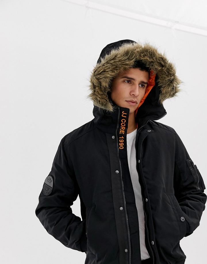 Jack & Jones Core Hooded Bomber Jacket With Faux Fur Hood - Black