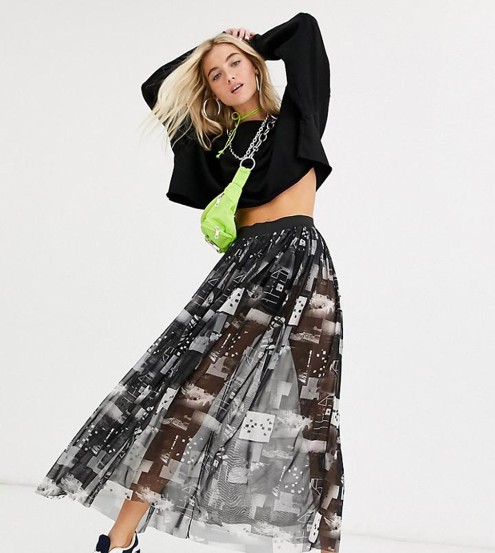 Collusion Photographic Print Mesh Maxi Skirt-multi