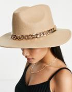 Asos Design Felt Fedora Hat With Chain Band And Size Adjuster In Camel-neutral