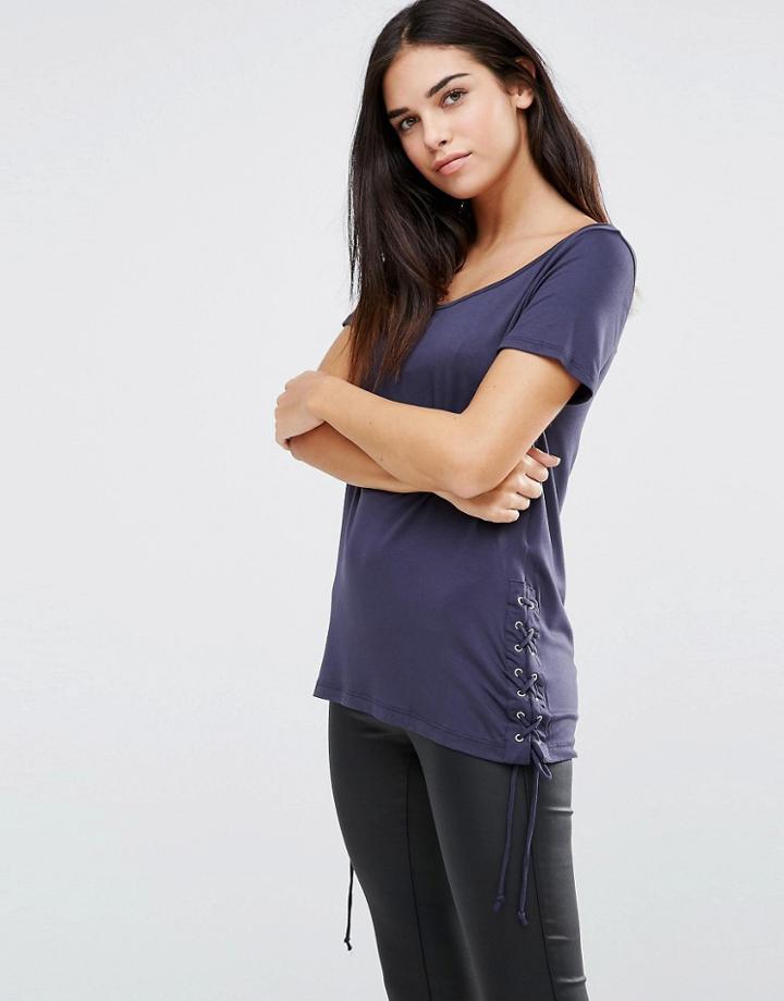 Vila Short Sleeve T-shirt With Lace Tie Detail - Black