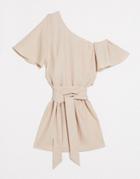 Asos Design Fallen Shoulder Mini Dress In Linen In Stone-neutral