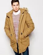 Asos Parka Jacket With Faux Shearling Hood In Beige - Tobacco
