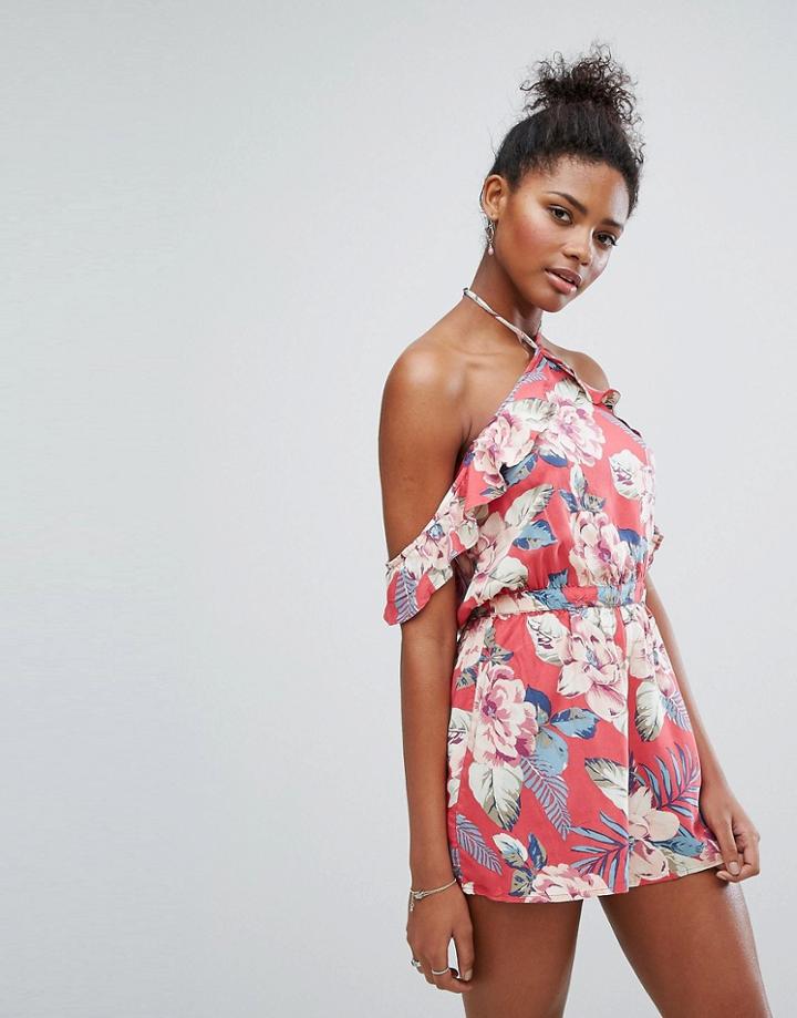 Hollister Cold Shoulder Halter Romper - Red