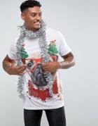 Asos Holidays Longline T-shirt With Pug Print And Glitter Effect - White