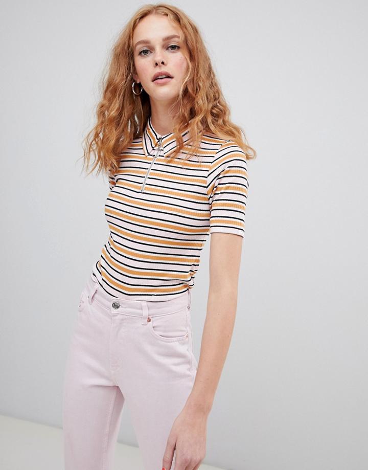 Asos Design Polo Top With Collar And Zip Detail In Retro Stripe - Multi