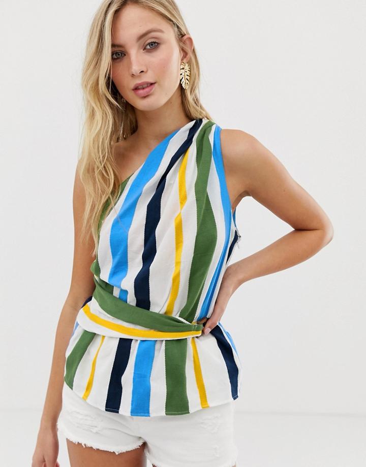 Asos Design One Shoulder Sun Top In Stripe With Belt Detail - Multi