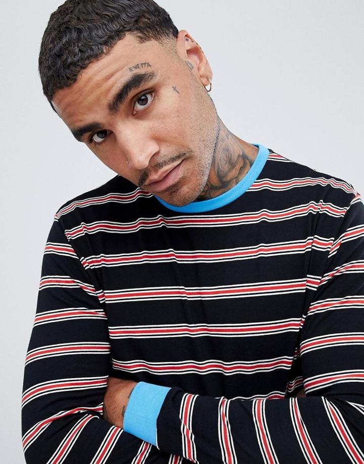 Asos Design Relaxed Long Sleeve T-shirt With Tonal Retro Stripe - Black