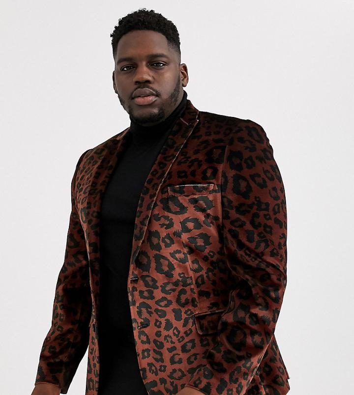 Asos Design Plus Super Skinny Blazer In Leopard Print Velvet-green