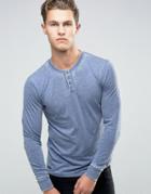 Threadbare Burnout Wash Long Sleeve T-shirt With Grandad Collar - Blue