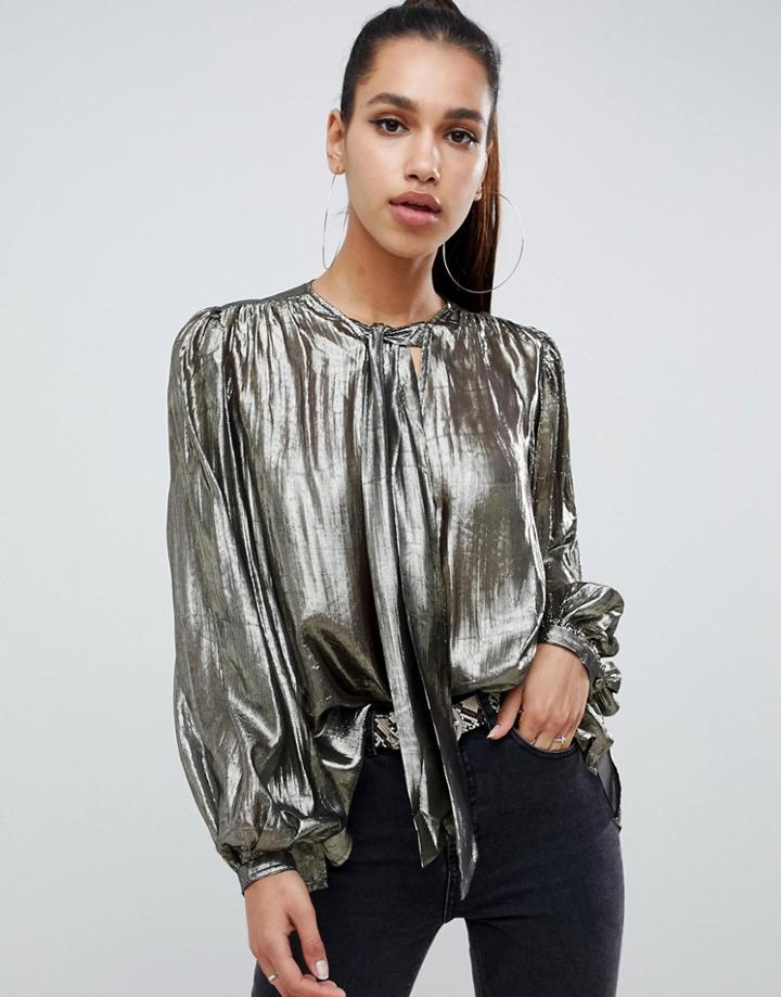 Asos Design Oversized Blouse In Metallic With Pussybow - Gold