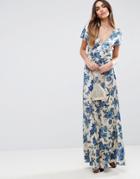 Asos Premium Wrap Satin Maxi Dress In China Blue Print - Multi