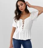 Asos Design Tall Tea Blouse With Lace Up Front Detail-white