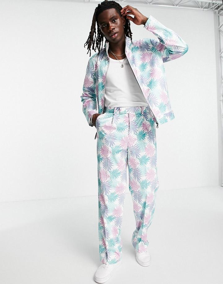 Asos Design Smart Wide Leg Pants With Palm Print In Pastel Blue - Part Of A Set-blues