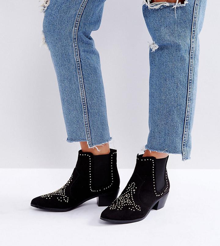 New Look Wide Fit Studded Western Ankle Boot - Black