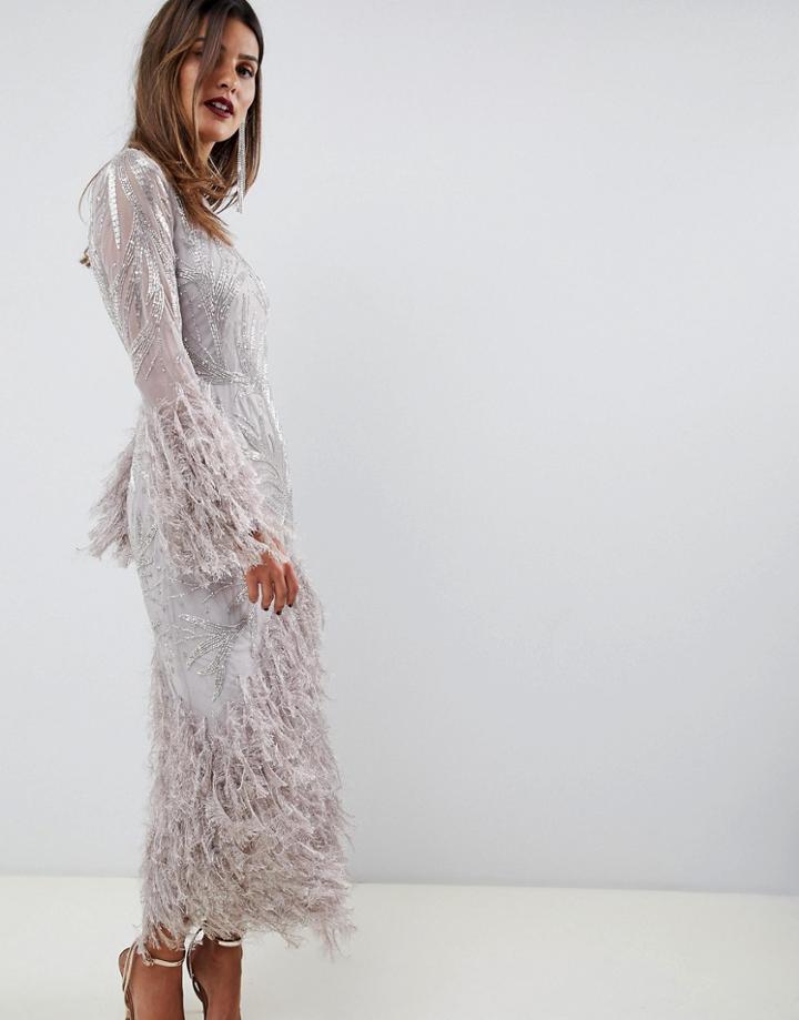 Asos Edition Embellished Showgirl Midi Dress With Faux Feathers - Silver