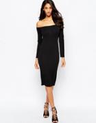 Asos Long Sleeve Midi Bardot Body-conscious Dress - Black