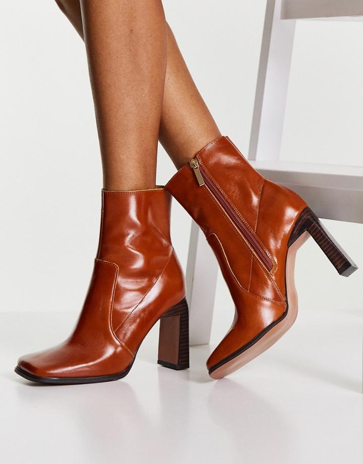 Asos Design Embrace Leather High-heeled Square Toe Boots In Tan-brown