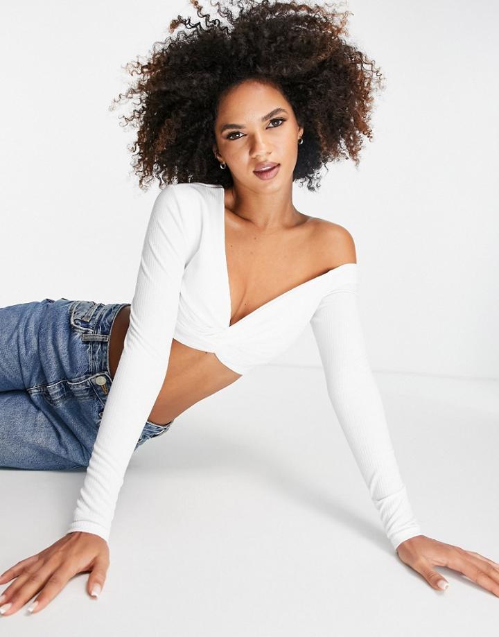 Club L London Knot Front Asymmetric Crop Top In Ecru -set-white