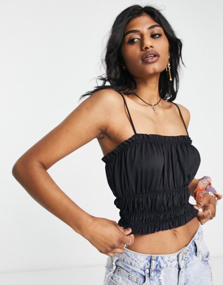 Topshop Shirred Cropped Cami In Black