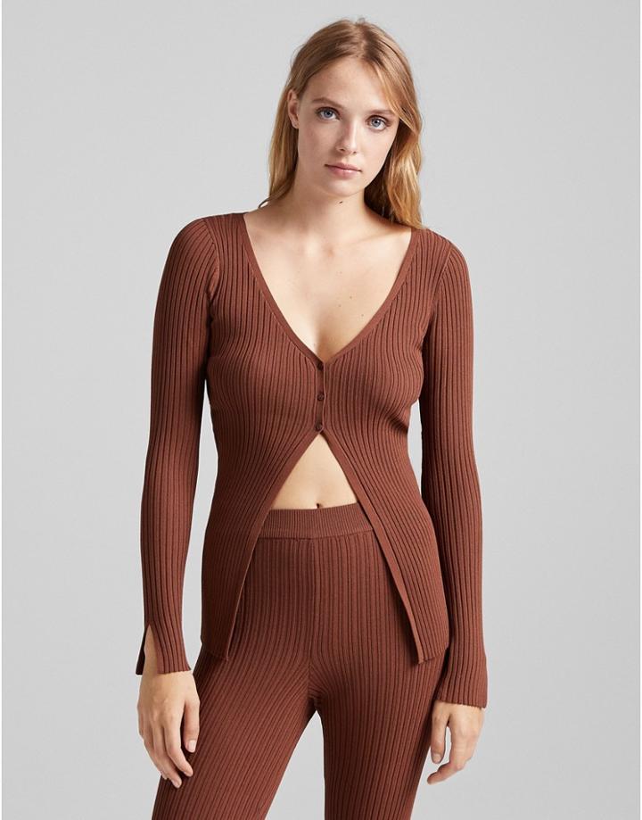 Bershka Knitted Rib Detail Button Cardigan In Brown - Part Of A Set
