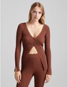 Bershka Knitted Rib Detail Button Cardigan In Brown - Part Of A Set