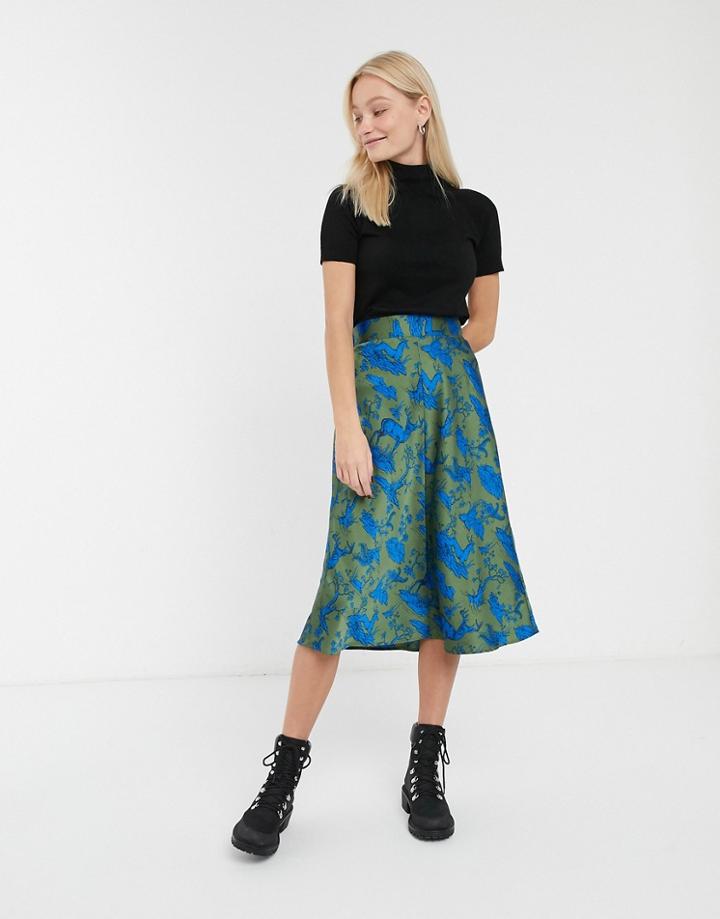 Monki Deer Print Satin Midi Skirt In Green
