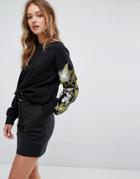 Weekday Sweatshirt With Floral Embroidary Arm - Black