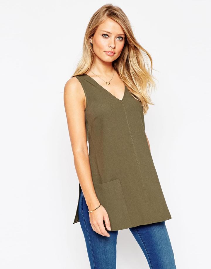 Asos Sleeveless Deep V Tunic Top - Khaki