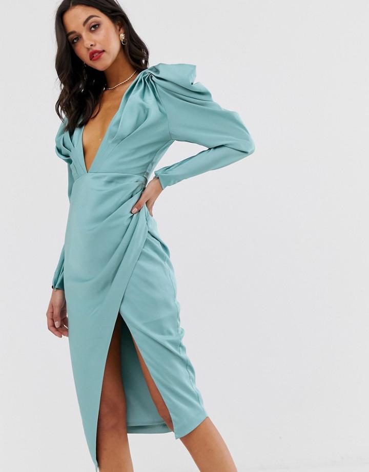 Asos Edition Satin Plunge Midi Dress With Pintuck Shoulder-blue
