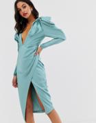 Asos Edition Satin Plunge Midi Dress With Pintuck Shoulder-blue