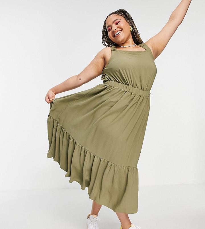 Asos Design Curve Ruched Back Tiered Midaxi Sundress In Khaki-green