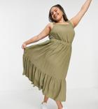 Asos Design Curve Ruched Back Tiered Midaxi Sundress In Khaki-green
