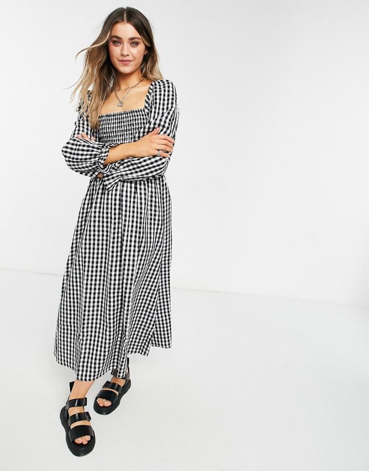 New Look Shirred Midi Dress In Black Check