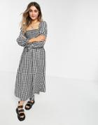 New Look Shirred Midi Dress In Black Check