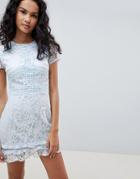 Parisian High Neck Short Sleeve Lace Skater Dress - Blue