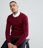 Asos Tall Crew Neck Cotton Sweater In Burgundy - Red