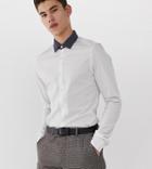 Asos Design Tall Skinny Fit Shirt In White With Contrast Navy Polka Collar - White