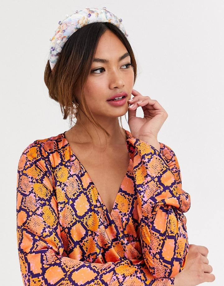 Asos Design Padded Headband With Pearl Embellished Romantic Renaissance Print