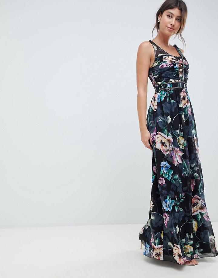 Little Mistress Plunge Front Maxi Dress In Dark Floral Print - Multi