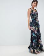 Little Mistress Plunge Front Maxi Dress In Dark Floral Print - Multi